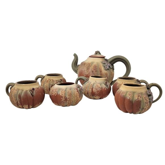 Handmade Pottery Thin Ice 7 Tea Set Teapot Mugs Cottage Primitive Pumpkin Gourd - Picture 5 of 5